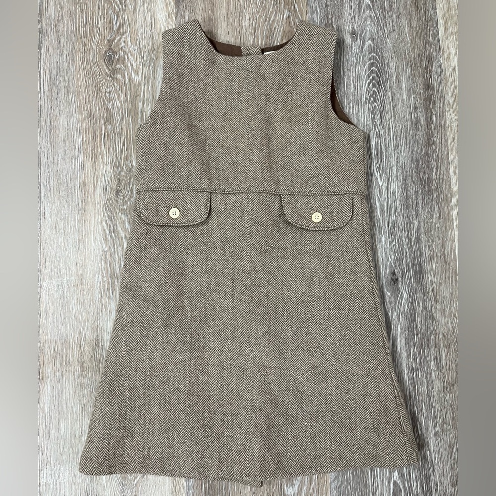 Olive Juice brown wool blend button back sleeveless herringbone dress, size 4.